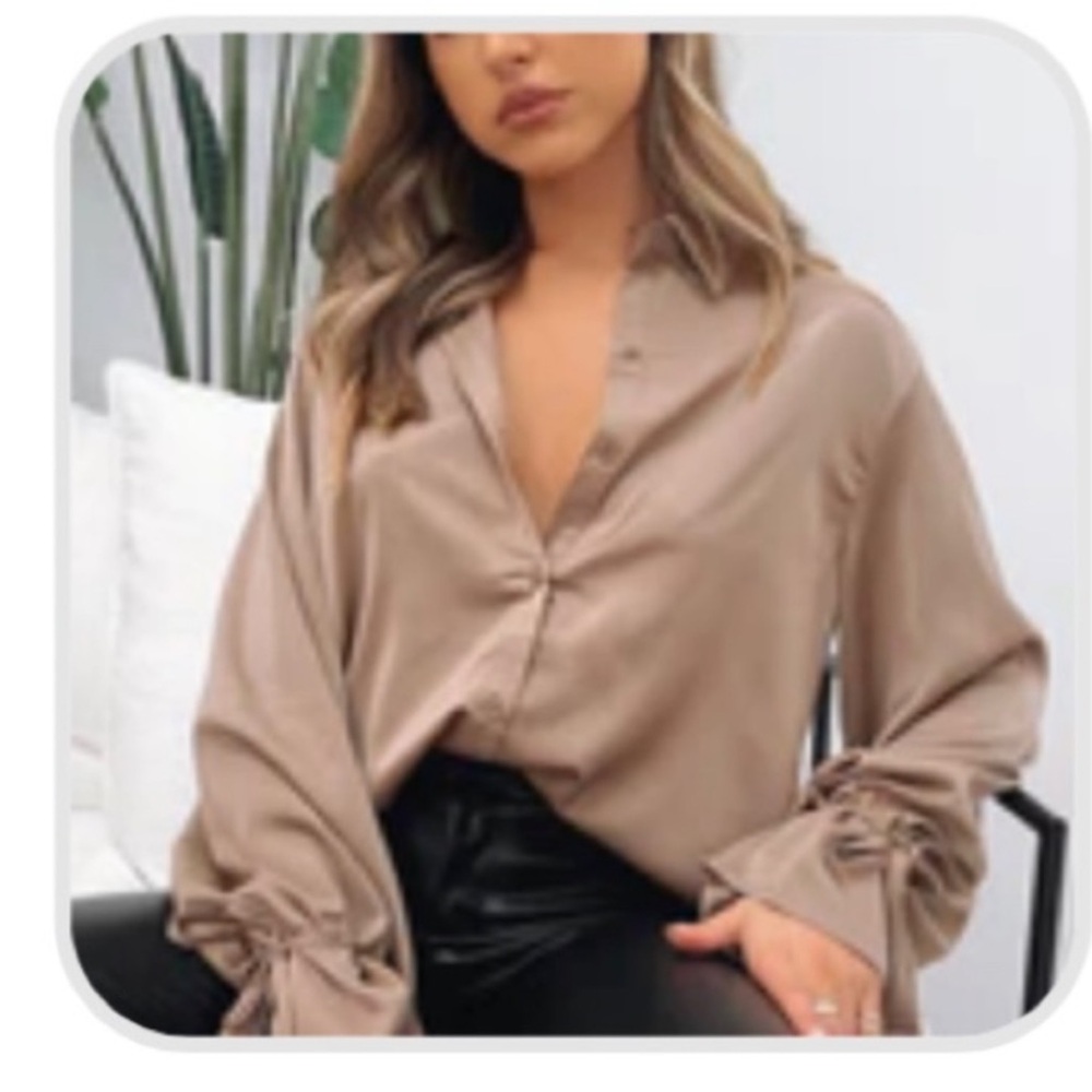 White Fox Boutique Satin Mocha Blouse | Silk-Look Button Down Top | Sold Out